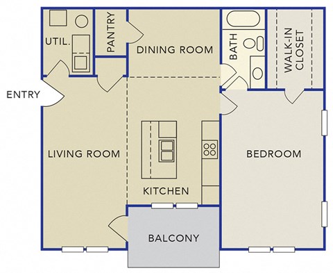 Floor plan for 1 bed, 1 bath, 983 sqft